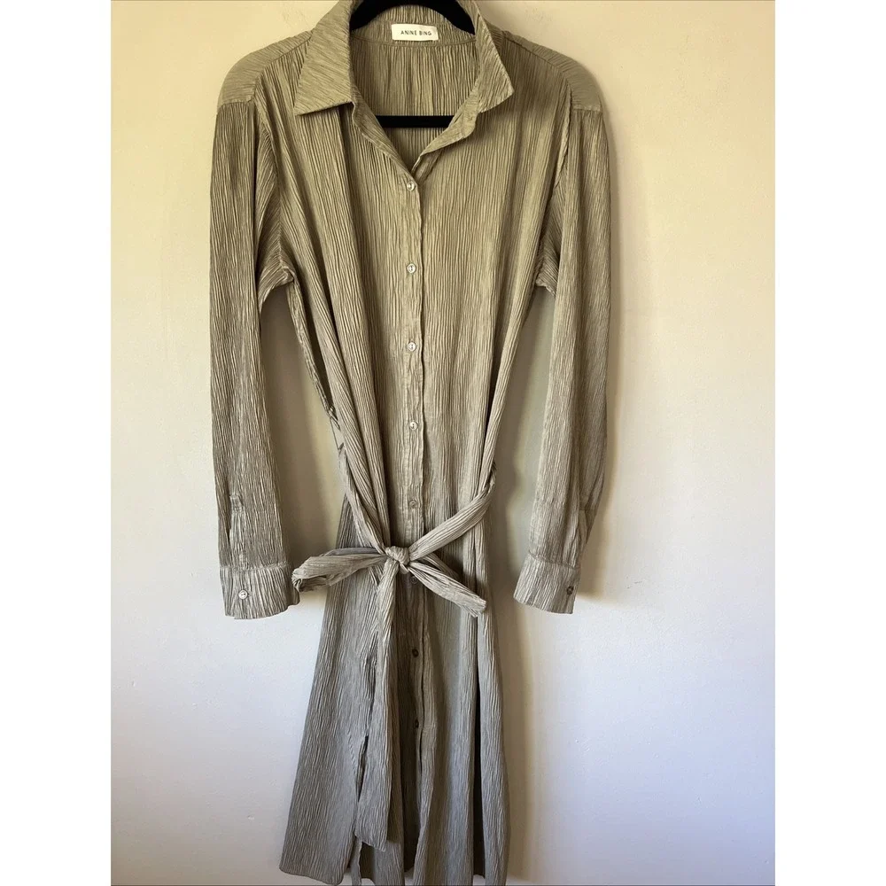Anine Bing Alma Pleated Shirt Midi Dress Size Small Belted Green Khaki Modern